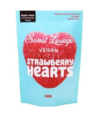 Sweet Lounge Vegan Fizzy Strawberry Hearts Pouch, 130g